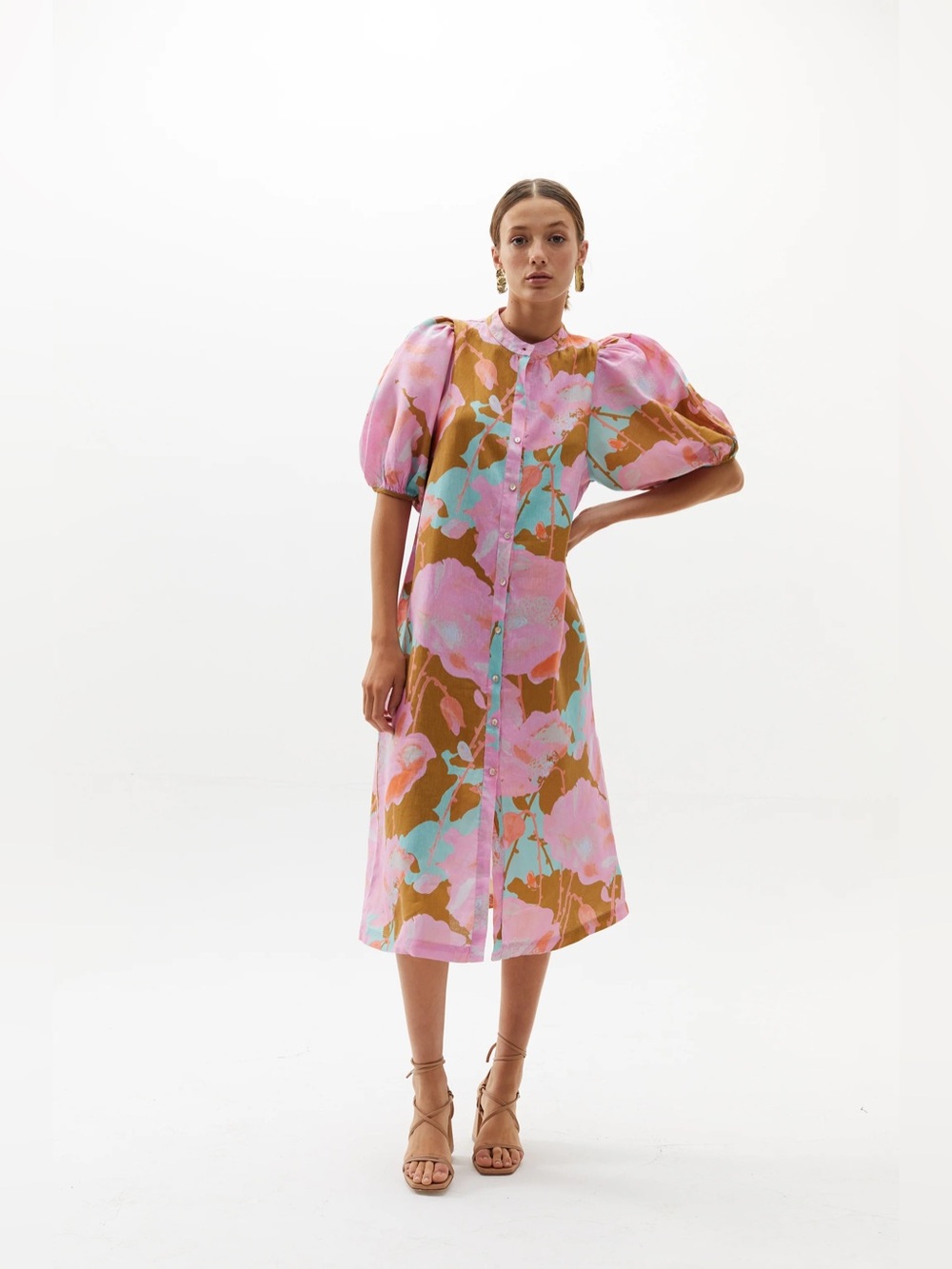 Anthropologie Lanhtropy Bubble Dress Aquarela Pink Blue Linen Midi XS